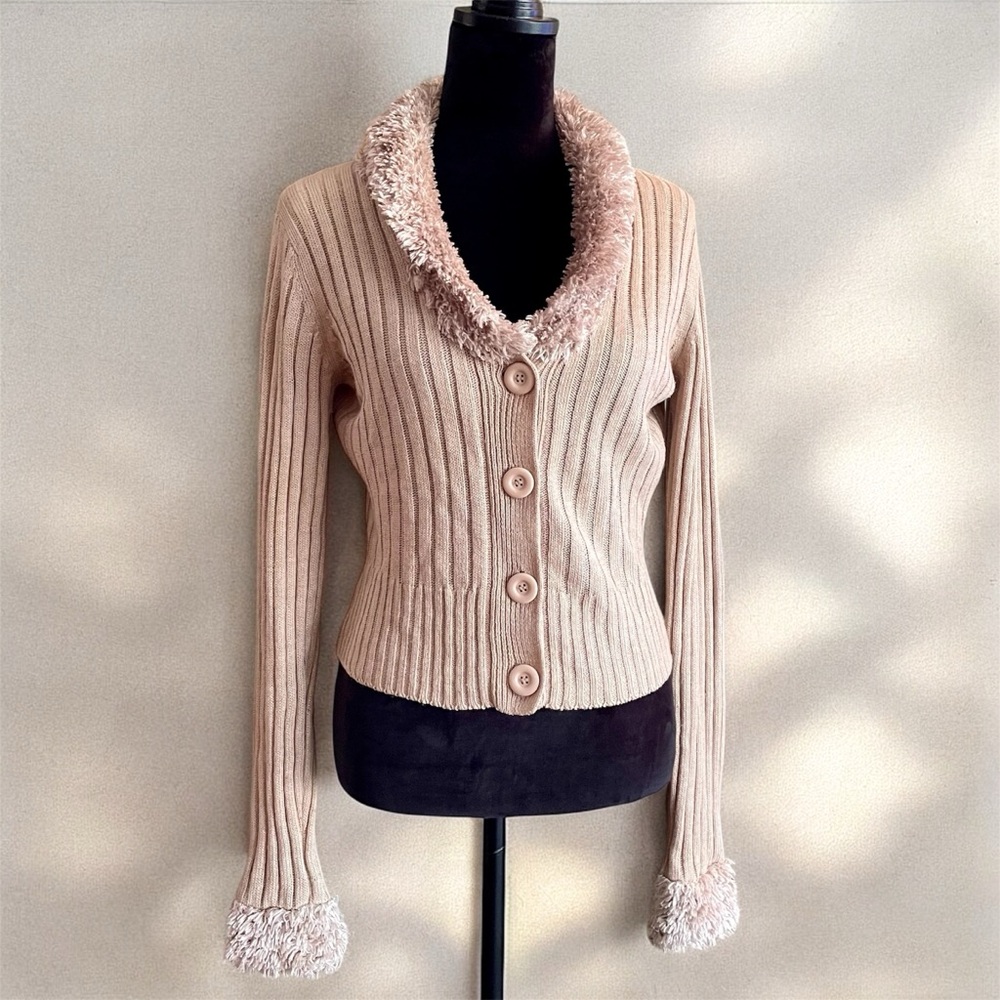 Ribbed Cardigan Fuzzy Collar & Sleeves